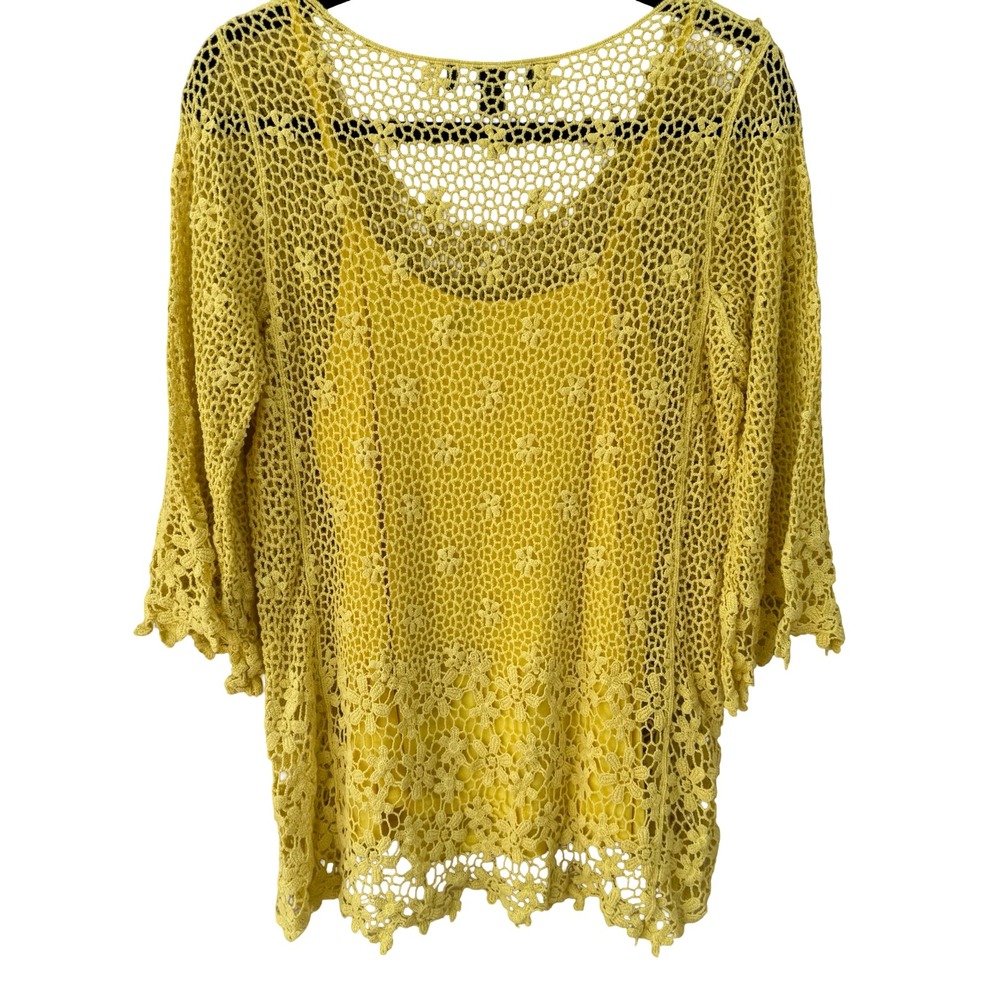 Midnight Velvet Yellow Cottagecore Floral Crochet Knit Top Cami Bell Sleeve L